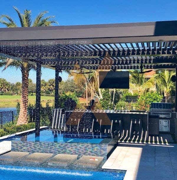 Residential pergola waterfall by StruXure of the Rockies